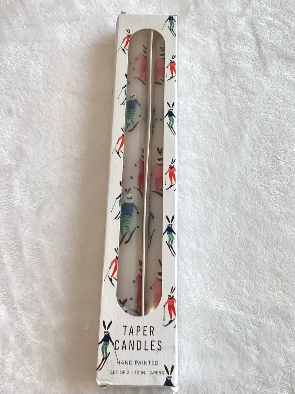 ⛷️🐰Anthropologie Hand-Painted Taper Candles New Skiing Bunny on Skis
